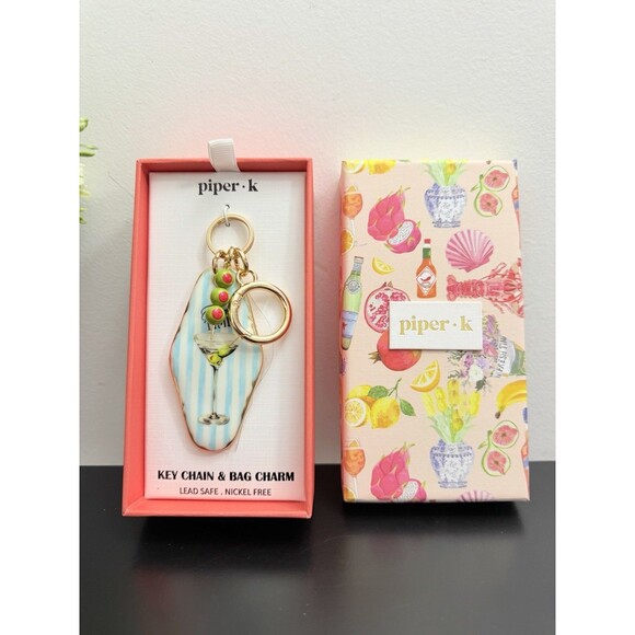 Piper Accessories - Piper K Tini Time Martini Glass Keychain Bag Charm Blue Stripe Olive Retro NIB